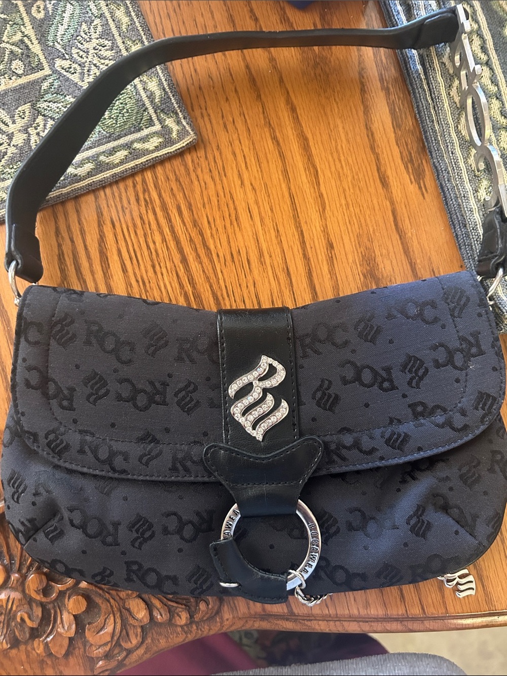 Rocawear Black Monogram Shoulder Bag with Rhinestone Emblem VGUC